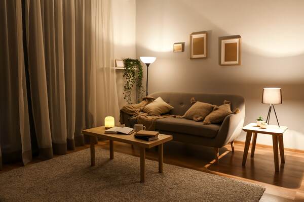 Softly lit living room with a sofa and warm lamp